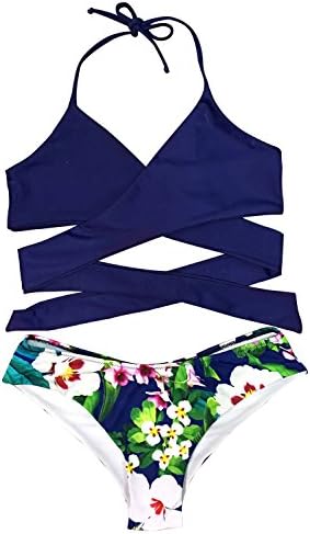 Seaselfie Women's Floral Front Cross Halter Padding Bikini Set Beach Swimwear XX-Large