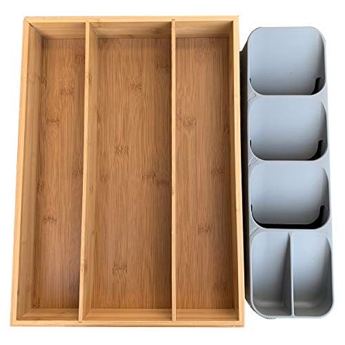 Simhoo Bamboo Kitchen Silverware Drawer Organizer/Utensil and Cutlery Tray/Flatware Divider Oranization with Plastic Storage