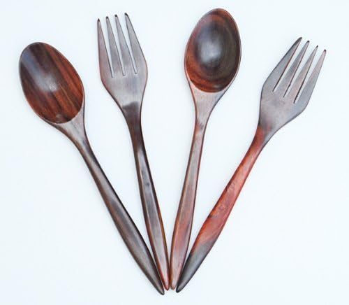2 Pair X 7" Wooden Dinner Spoons and Forks Set Utensils Flatware High Quality Hand Craved Rose Wood (Black & Red Tone)