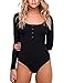 Queen.M Women's Basic Solid Bodysuit Single Breasted Long Sleeve Bodycon Jumpsuit Stretchy Romper Leotard Tops, Black, Small