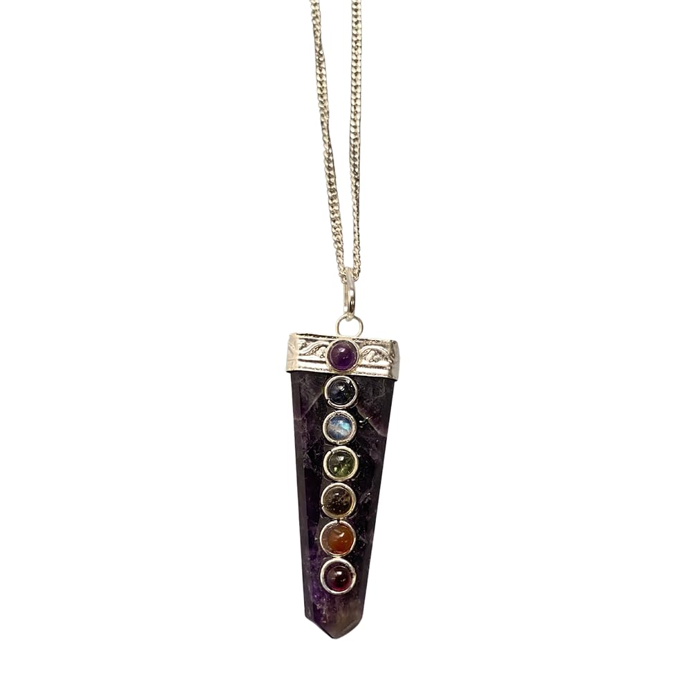 VIE 7 Chakra Flat Pendant, Silver Chain, 5x1.5cm (Amethyst)