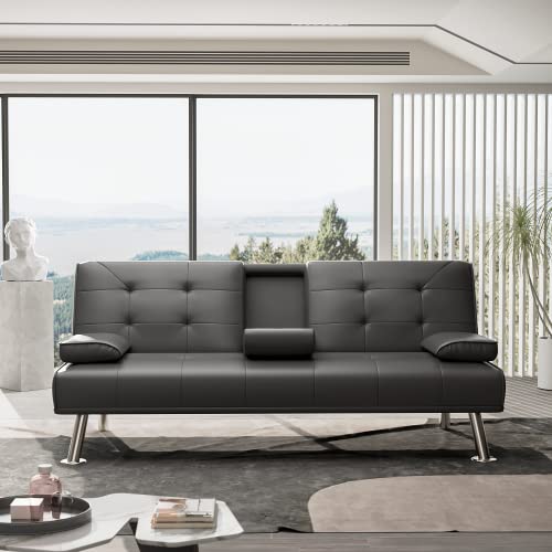 JUMMICO Futon Sofa Bed Faux Leather Couch Bed Modern Convertible