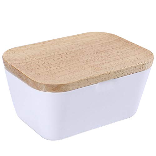 Melamine Butter Dish With Wood Lid, White Airtight Rectangular Butter Keeper By HTB