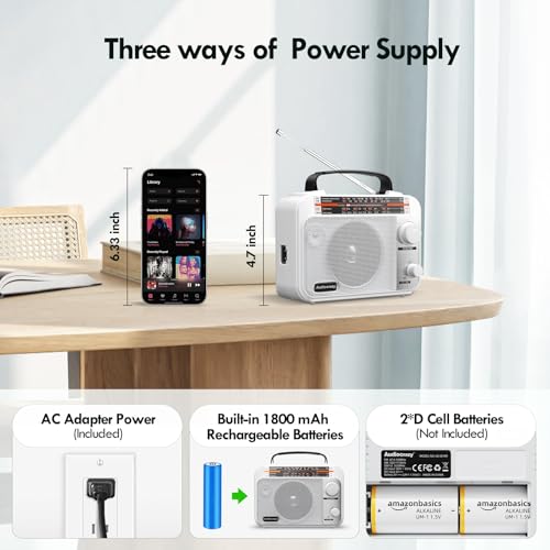 Audiocrazy Portable Radio AM/FM/SW1-2 Multiband Radio with Rechargeable Battery 1800 mAh, AC Cable or Portable FM Radio, Fleece, Speakers, Headphone Jack, AUX Input White
