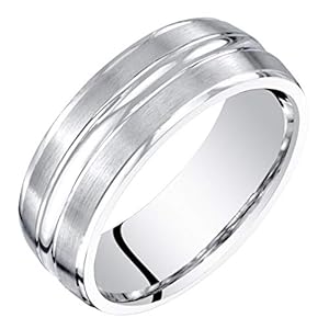 Peora Men’s 7mm 14K White Gold Wedding Ring Band, Brushed Matte with Polished Grooves, Comfort Fit Sizes 8 to 16