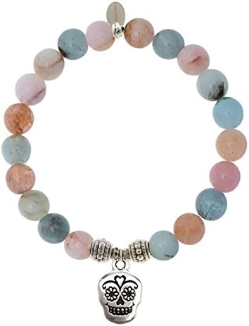 EvaDane Natural Morganite Beryl Gemstone Rope Bead Sugar Skull Charm Stretch Bracelet - Size 9 Inch ( 1_MOR_S_R_SKU_9)