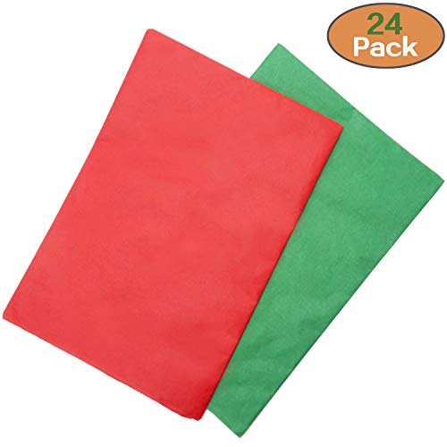 Kiddokids 24 Christmas Kraft Gift Bags + 24 Tissue Papers (Green & Red); Xmas Theme Party Favors Goody Bags.