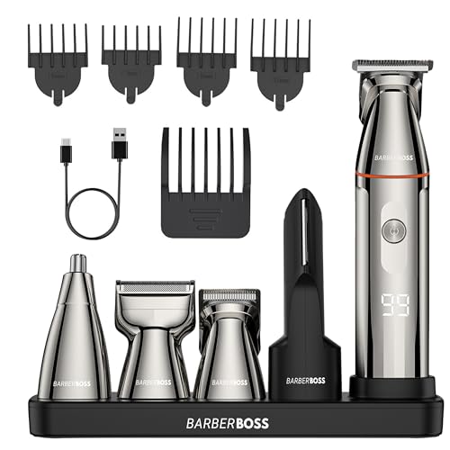 Rasoio per barba 5 in 1, da uomo, kit per la toelettatura degli uomini, tagliacapelli senza fili, rasoio per naso e corpo con display a LED e ricarica USB-C, body groomer