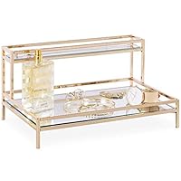 Beautify Mirrored Vanity Tray for Dresser Jewelry and Perfume Tray - Two Tier Trays with Champagne Gold Finish L12 x D7.8 x H5.9 inches