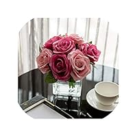 Lovely-Clouds Vases Glass Vase+Artificial Flower Set Small Head Artificial Rose Glass Transparent Vase for Desk Office Silk Flower Set,Style 14