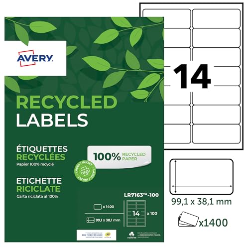 Avery Recycled LR7163-100 Address Labels, 99.1 x 38.1 mm, Permanent, 14 Labels Per Sheet, 1400 Labels Per Pack
