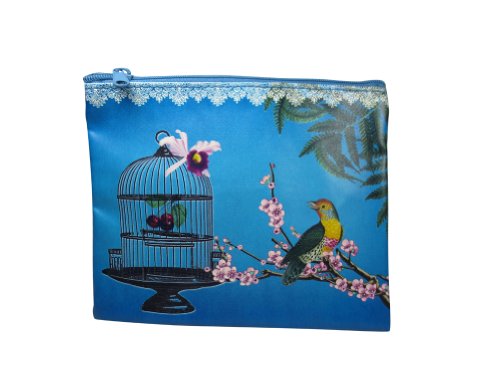 Beautiful Art Bird and Birdcage Oriental Zen Art Flat Makeup Bag