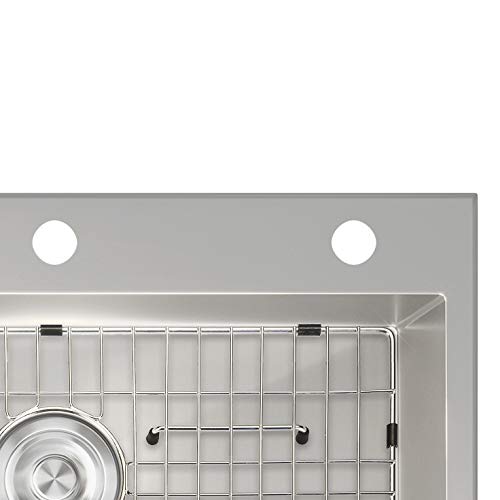 MOWA HTS2522 Kitchen Sink 25 x 22 Inch Drop In Style, 16 Gauge Stainless Steel Top Mount Single Bowl Bar Prep/Laundry Sink, Deep & Tight-Radius Basin w/Bottom Grid, Basket Strainer & Bonus Soap Pump