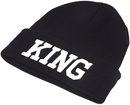 LAKALA Thick Slouchy Knit Beanie Cap King and Queen Hats White King