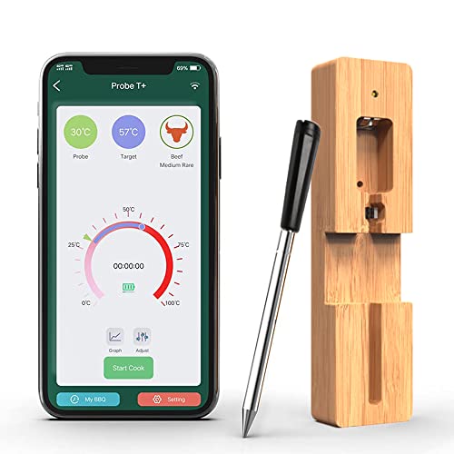 Sonde de Cuisson, Thermomètre Cuisine avec Fonction de Minuterie et d'alarme Connexion sans Fil Bluetooth 50m pour Gril, Cuisine, Barbecue, Rôtissoire, App Compatible IOS/Android