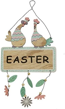 MeeQee Easter Decor, Happy Easter Wooden Hanging Plaque Easter Hanging Sign for Wall Door Decoration - Easter Chicken