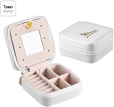 Portable Travel Mini Jewelry Box Organizer PU Leather Storage Case with Mirror for Rings Earrings Necklace (Tower)