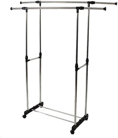 JTW - Double Adjustable Rolling Clothes Rack Hanging Portable Space saving &amp; conveniently &amp; Heavy Hanger stainless steel and PP Heavy Duty Hanger Max.66 lbs Silver Black color