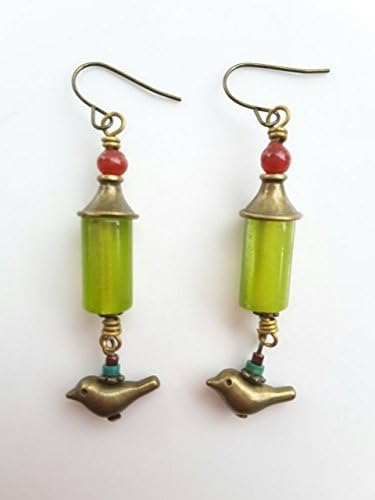 WONDERFUL : DROP BIRD EARRING VINTAGE STYLE WITH GREEN CAT'S EYE