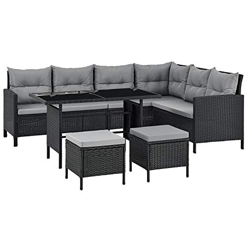 Juskys Polyrattan Lounge Manacor mit Ecksofa, Esstisch, 2 Hocker & Kissen - wetterfest bis 7 Personen - Bezüge waschbar - Rattan Garten Sitzgruppe Gartenlounge Gartenmöbel Set - Schwarz/Grau