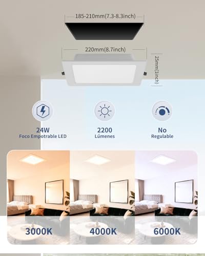 Grebeam Pack 2 LED Downlight Recessed Ceiling 24W (230W) Slim, Square, Recessed Round Panel, Extra Flat Plate 2200 Lumens, Ceiling Cut 185-210mm, Selectable Light 3000K-4000K-6000K (3CCT)