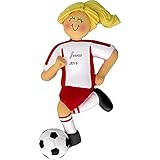 Soccer Personalized Christmas Ornament - Red Uniform - Girl - Blonde Hair - Dribbling Ball- Handpainted Resin - 4.5
