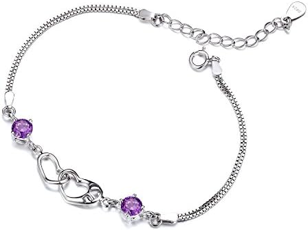 GTB2040 S925 Silver CZ Stones Simulated Amethyst Heart Chain Bracelet Rhodium Plated