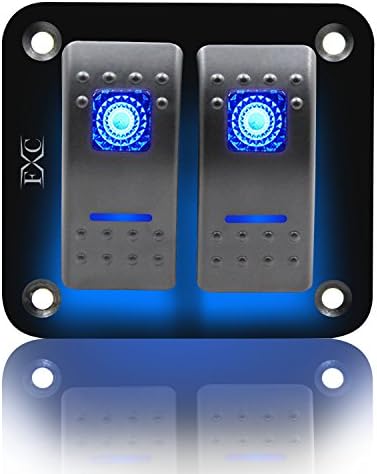 FXC Rocker Switch Aluminum Panel 2 Gang Toggle Switches Dash 5 Pin ON/Off 2 LED Backlit for Boat Car Marine Blue