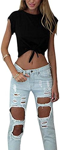 Lannorn Women’s Funny Summer Sleeveless Camisole Shirt Exposed Navel Crop Tops Casual Round Neck Blouse with Bow Tie.
