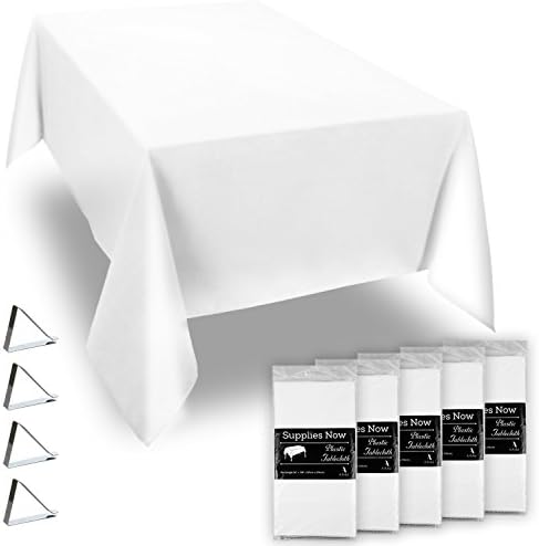 White 54” x 108” Disposable Plastic Tablecloths Set Includes 5 Plastic Table Covers and 20 Stainless Steel Clips (25 Pieces)