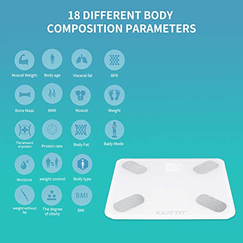 KAZETEC Smart Bathroom Scales Digital Weight and Body Fat Scale, Bluetooth BMI Body Weight Scale, Body Analyzer with iOS and Android APP to Monitor 18 Health Measurements, Muscle, Bone Mass, Moisture