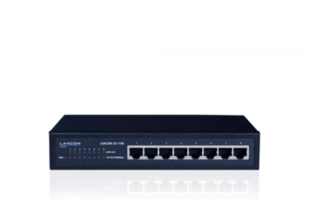 LANCOM GS-1108, Unmanaged Gigabit Ethernet Switch, 8 Ports (10/100/1000 Mbps), Noiseless thanks to fanless design, integrated power supply