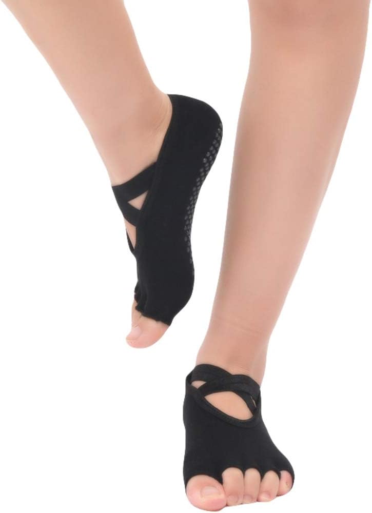 Kudden Women Yoga Socks Anti-slip Five Fingers Backless Cross Bandage Silicone Non-slip Toeless Socks Ballet Gym Fitness Sports Cotton Socks