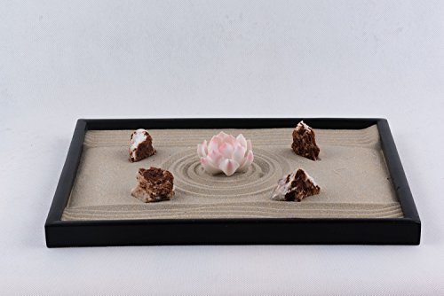 ICNBUYS Zen Garden Pink Ceramics Lotus Special 4 pieces of Red White Stones Dark Ochre Sand and Free Rakes and Pushing Sand Pen Base Tray Dimensions 10 x 0.4 x 7 inches