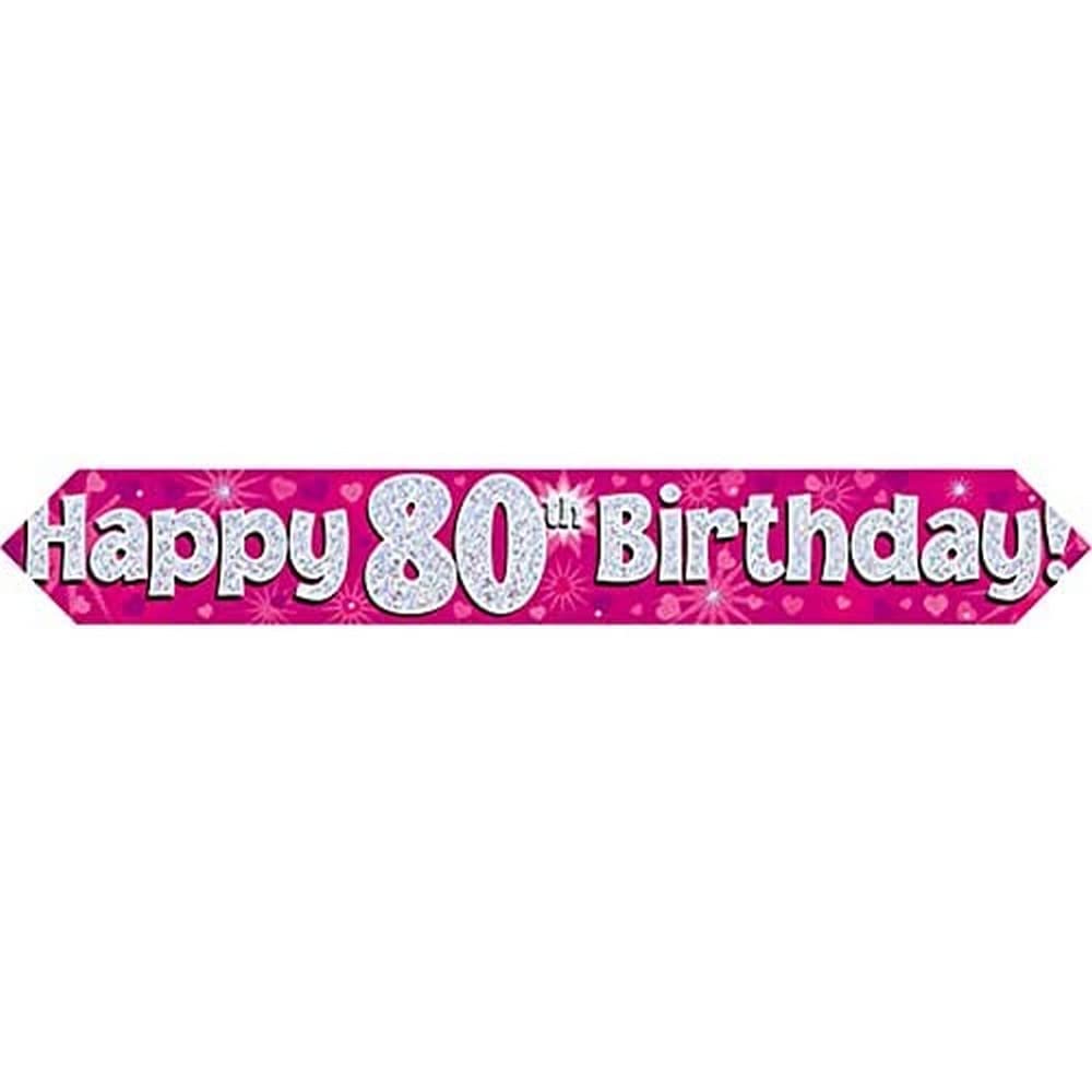 9ft Banner Happy 80th Birthday Pink Holographic