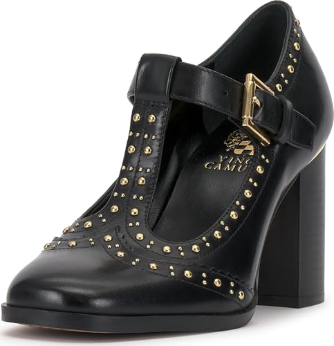 Vince Camuto, Women's, Maris T-Strap Block Heel Pump, Black, 5, Medium