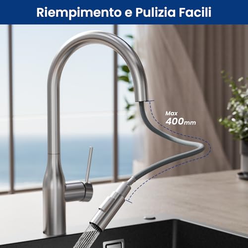 CECIPA Pull-Out Kitchen Tap with 2 Jets, High Arc Kitchen Mixer with Pull-Out Shower, 360° Swivel Sink Faucets with Hand Shower, Stainless Steel Mixer Tap