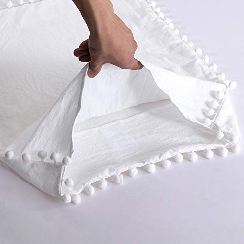 MoonxHome Pom Pom Fringe Pillowcases, Double Brushed Microfiber Pillow sham Pillow Cover Set Standard/Queen Size White