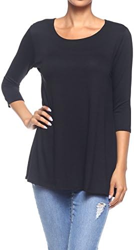 3/4 Sleeve Solid Comfy Flowy Soft Jersey Loose Fit long tunic tops to wear with leggings plus size Regular and Plus Size Black M