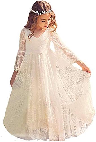 CQDY Flower Girl Dress Lace Dress for Wedding White Ivory Dress Long Sleeve 2-15T