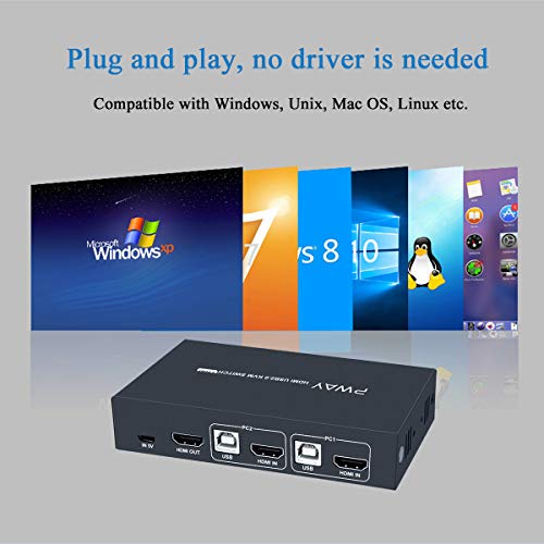 2x1 HDMI KVM Switch 2 Port Box, Ultra HD 4K@30Hz with 2 USB 2.0, No Power Adapter Required, Compatible with Windows Mac Linux, with 2 HDMI and USB Cables