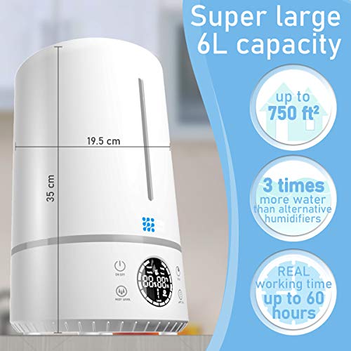 Upgraded 2020 Top-Fill 6L Cool Mist Large Humidifier for Home - 360° Humidifiers for Large Room, Bedroom, Basement - Easy to Clean & Fill - Auto Off, For Whole Home, Quiet for Babies, Kids (White) - Thumbnail 2
