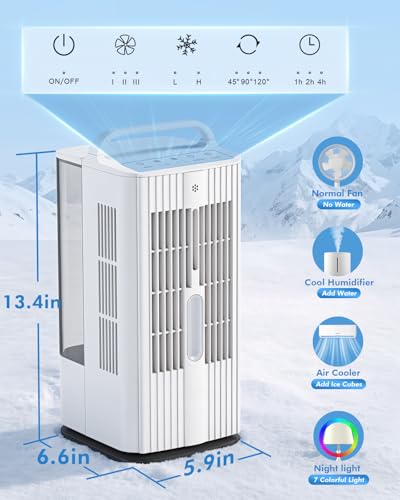 Deodak 4-in-1 Portable Air Conditioners: 1700ml Tank Mini Air Conditioner with 120° Oscillating 16.5ft Remote - Evaporative Air Cooler with 3 Speed & 7 Lights 1-7H Timer - Portable AC Unit for Bedroom