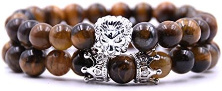 AISHOW 2PCS Beads Bracelet Set 8mm Brown Tiger Eye's Stone King Crown Lion Head Charm Bracelet Handmade Jewelry,7.5"