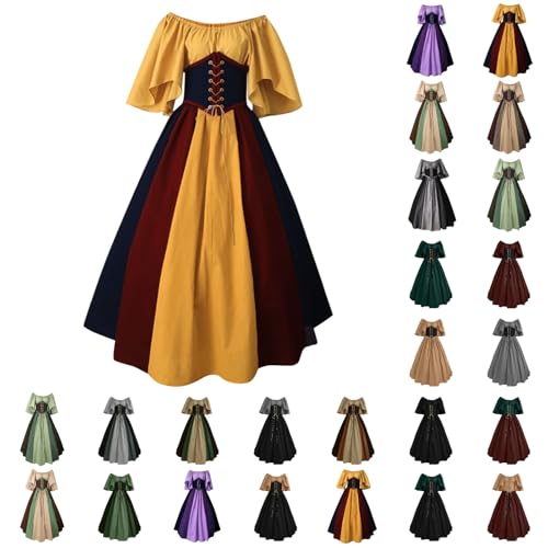 HOOUDO Medieval Ladies Short Sleeve Halloween Costumes Fancy Dress for Adults Women's Skirts 1950s Vintage Swing Dresses for Women Tea Party Dresses Womens Halloween Costume Adult
