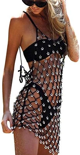 Women's Mesh See through Hollow Fishnet Mini Skirts Beach Bikini Dresses Crochet Wrap Cover Up for Swimwear