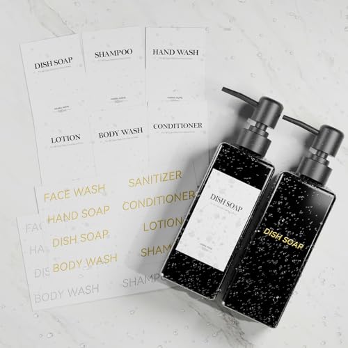 4 Pieces Wall Mounted Shower Soap Dispenser, Soap Dispenser Without Drilling 500 ml Black Shower Dispenser Shampoo and Body Wash with Funnel and Three-Dimensional Waterproof Labels for Bathroom, Kitchen