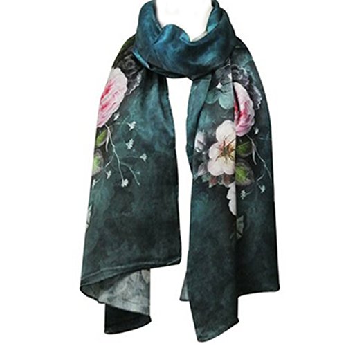 Wrapables Luxurious 100% Charmeuse Silk Floral Painting Long Scarf with Hand Rolled Edges, Peonies on Teal