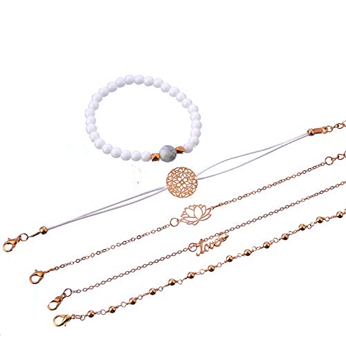 5 Piece Bracelet-White Lotus Design, White Bead String and Cyan Bead Gold Bracelet for Women