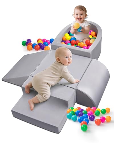 Auksay Baby Climbing Blocks, Soft Play Set for Crawling Baby 6-12 Months, Anti-Slip Particles Bottom & Velcro Connectors, High-Density Foam Gym with Soft Fabric Cover (Balls not Included) (Grey)